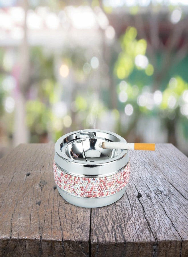 KEYPOWER Bling Rhinestone Round Ashtray With Lid Ash Holder for Smokers,Desktop Smoking Ash Tray for Home Office Decoration (Pink) - Image 4